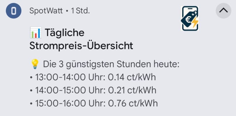 SpotWatt Tägliche Benachrichtigung