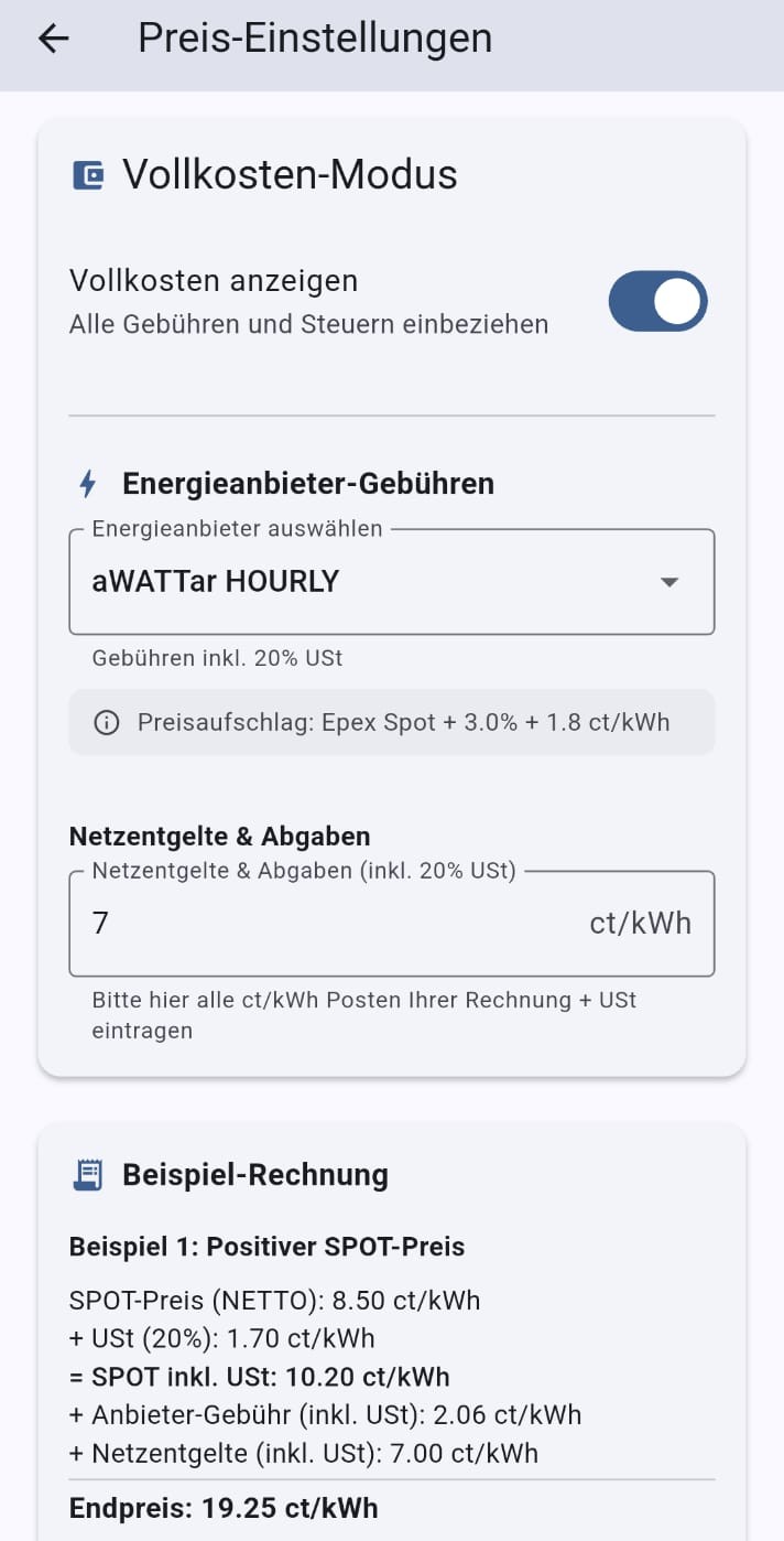 SpotWatt Vollkosten-Rechner Screenshot